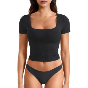 imageYEOREO Womens Tops Short Sleeve Going Out T Shirts Scoop Neck Slim Fit Double Lined Pattiy Crop TopsBlack