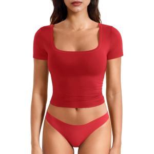 imageYEOREO Womens Tops Short Sleeve Going Out T Shirts Scoop Neck Slim Fit Double Lined Pattiy Crop TopsRed