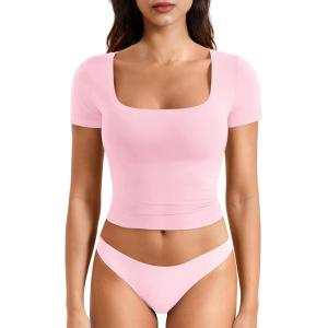 imageYEOREO Womens Tops Short Sleeve Going Out T Shirts Scoop Neck Slim Fit Double Lined Pattiy Crop TopsSakura Pink