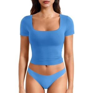 imageYEOREO Womens Tops Short Sleeve Going Out T Shirts Scoop Neck Slim Fit Double Lined Pattiy Crop TopsSea Blue