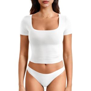 imageYEOREO Womens Tops Short Sleeve Going Out T Shirts Scoop Neck Slim Fit Double Lined Pattiy Crop TopsWhite