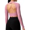 imageYEOREO Janelle Ribbed Open Back Top Womens Activewear TShirts Workout Yoga Gym Shirts Long Sleeve Tank Rose