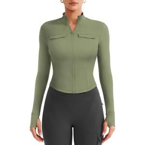 imageYEOREO CoreFlex Womens Workout Jackets Cropped Zip Up Athletic Jackets Arsene Slim Fit Yoga Running Tops with Thumb HolesArmy Green