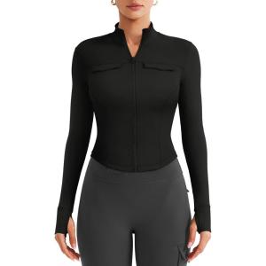 imageYEOREO CoreFlex Womens Workout Jackets Cropped Zip Up Athletic Jackets Arsene Slim Fit Yoga Running Tops with Thumb HolesBlack