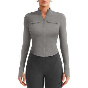 imageYEOREO CoreFlex Womens Workout Jackets Cropped Zip Up Athletic Jackets Arsene Slim Fit Yoga Running Tops with Thumb HolesLight Gray