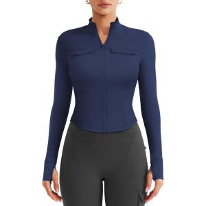 imageYEOREO CoreFlex Womens Workout Jackets Cropped Zip Up Athletic Jackets Arsene Slim Fit Yoga Running Tops with Thumb HolesNavy Blue
