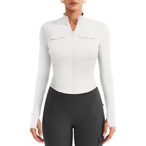 imageYEOREO CoreFlex Womens Workout Jackets Cropped Zip Up Athletic Jackets Arsene Slim Fit Yoga Running Tops with Thumb HolesWhite