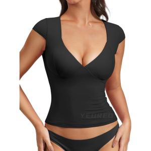 imageYEOREO Diva Women Basics T Shirts Going Out Y2K Double Lined Deep V Neck Short Sleeve Slim Fit Crop Tops Cut Sexy TeeBlack