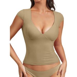 imageYEOREO Diva Women Basics T Shirts Going Out Y2K Double Lined Deep V Neck Short Sleeve Slim Fit Crop Tops Cut Sexy TeeBrown