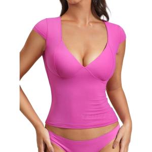 imageYEOREO Diva Women Basics T Shirts Going Out Y2K Double Lined Deep V Neck Short Sleeve Slim Fit Crop Tops Cut Sexy TeeRose Red