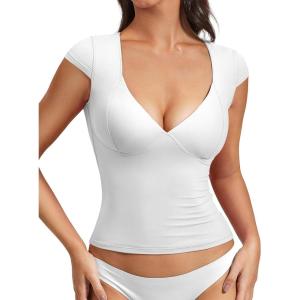 imageYEOREO Diva Women Basics T Shirts Going Out Y2K Double Lined Deep V Neck Short Sleeve Slim Fit Crop Tops Cut Sexy TeeWhite