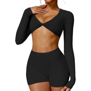imageYEOREO Kyla Women Crop Top Long Sleeve Padded Sports Low Medium Impact Yoga Shirt Workout Black M