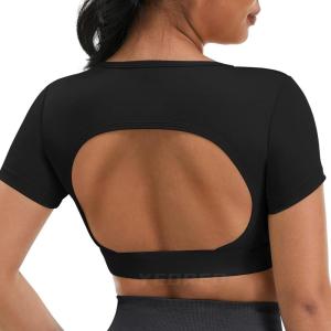 imageYEOREO Vanessa Women Tee Crop Tops with Removable Pad Workout Backless Gym Shirt Bra Going Out T Shirt Top Black
