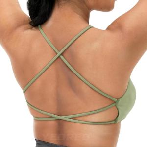imageYEOREO Pearl Womens Sports Bra Strappy Criss Cross Back Bra Backless Removable Padded Yoga Crop Top1 Bean Green