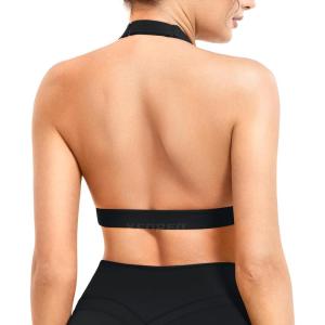 imageYEOREO Roxanie Women Halter Sports Bra Scoop Neck Removable Padded Open Back Yoga Workout Crop Tank TopBlack