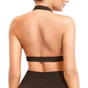 imageYEOREO Roxanie Women Halter Sports Bra Scoop Neck Removable Padded Open Back Yoga Workout Crop Tank TopCocoa