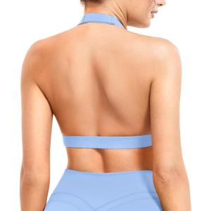 imageYEOREO Roxanie Women Halter Sports Bra Scoop Neck Removable Padded Open Back Yoga Workout Crop Tank TopIce Blue