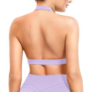 imageYEOREO Roxanie Women Halter Sports Bra Scoop Neck Removable Padded Open Back Yoga Workout Crop Tank TopLight Purple