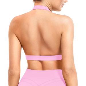 imageYEOREO Roxanie Women Halter Sports Bra Scoop Neck Removable Padded Open Back Yoga Workout Crop Tank TopPink