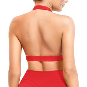 imageYEOREO Roxanie Women Halter Sports Bra Scoop Neck Removable Padded Open Back Yoga Workout Crop Tank TopRed
