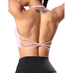 imageYEOREO Womens Sports Bra Halter Workout Sports Bra Strappy Criss Cross Back Bra Removable Padded Yoga Crop TopBaby Pink