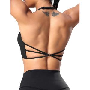 imageYEOREO Womens Sports Bra Halter Workout Sports Bra Strappy Criss Cross Back Bra Removable Padded Yoga Crop TopBlack