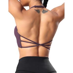 imageYEOREO Womens Sports Bra Halter Workout Sports Bra Strappy Criss Cross Back Bra Removable Padded Yoga Crop TopBlack Berry Purple