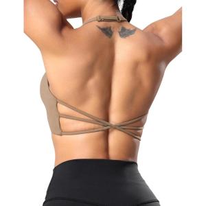 imageYEOREO Womens Sports Bra Halter Workout Sports Bra Strappy Criss Cross Back Bra Removable Padded Yoga Crop TopBrown