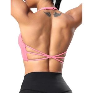 imageYEOREO Womens Sports Bra Halter Workout Sports Bra Strappy Criss Cross Back Bra Removable Padded Yoga Crop TopCandy Pink
