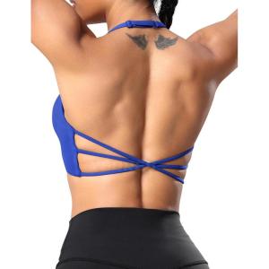 imageYEOREO Womens Sports Bra Halter Workout Sports Bra Strappy Criss Cross Back Bra Removable Padded Yoga Crop TopKlein Blue