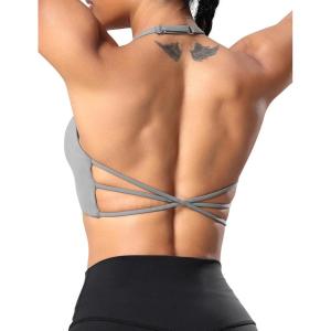 imageYEOREO Womens Sports Bra Halter Workout Sports Bra Strappy Criss Cross Back Bra Removable Padded Yoga Crop TopLight Grey