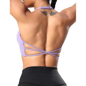 imageYEOREO Womens Sports Bra Halter Workout Sports Bra Strappy Criss Cross Back Bra Removable Padded Yoga Crop TopLight Purple