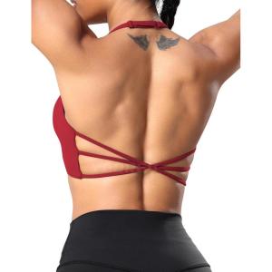 imageYEOREO Womens Sports Bra Halter Workout Sports Bra Strappy Criss Cross Back Bra Removable Padded Yoga Crop TopMaroon