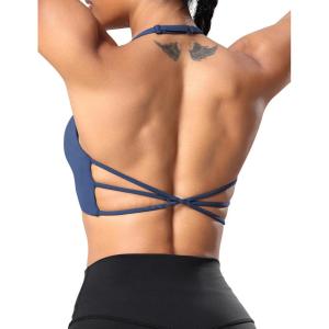 imageYEOREO Womens Sports Bra Halter Workout Sports Bra Strappy Criss Cross Back Bra Removable Padded Yoga Crop TopNavy