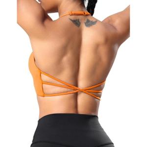imageYEOREO Womens Sports Bra Halter Workout Sports Bra Strappy Criss Cross Back Bra Removable Padded Yoga Crop TopOrange