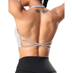 imageYEOREO Womens Sports Bra Halter Workout Sports Bra Strappy Criss Cross Back Bra Removable Padded Yoga Crop TopPearl Grey
