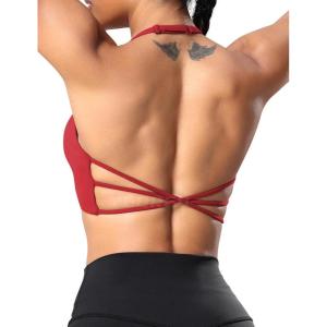 imageYEOREO Womens Sports Bra Halter Workout Sports Bra Strappy Criss Cross Back Bra Removable Padded Yoga Crop TopRed