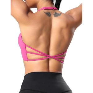 imageYEOREO Womens Sports Bra Halter Workout Sports Bra Strappy Criss Cross Back Bra Removable Padded Yoga Crop TopRose Red