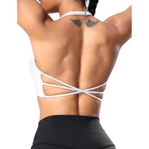 imageYEOREO Womens Sports Bra Halter Workout Sports Bra Strappy Criss Cross Back Bra Removable Padded Yoga Crop TopWhite
