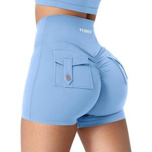 imageYEOREO CoreFlex Scrunch Workout Shorts with Pockets Charm Gym Biker Shorts for Women High Waisted Booty YogaBright Blue