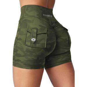 imageYEOREO CoreFlex Scrunch Workout Shorts with Pockets Charm Gym Biker Shorts for Women High Waisted Booty YogaGreen Camo