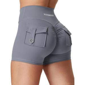 imageYEOREO CoreFlex Scrunch Workout Shorts with Pockets Charm Gym Biker Shorts for Women High Waisted Booty YogaGrey