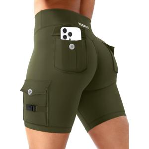 imageYEOREO CoreFlex Women Workout Biker Shorts with Cargo Pockets Hidden Scrunch High Waisted 8quot Inseam Gym ShortsArmy Green