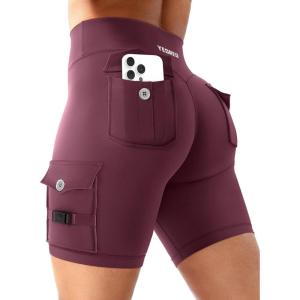 imageYEOREO CoreFlex Women Workout Biker Shorts with Cargo Pockets Hidden Scrunch High Waisted 8quot Inseam Gym ShortsDeep Cherry