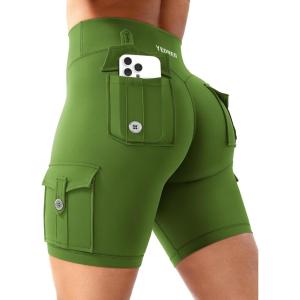 imageYEOREO CoreFlex Women Workout Biker Shorts with Cargo Pockets Hidden Scrunch High Waisted 8quot Inseam Gym ShortsGreen