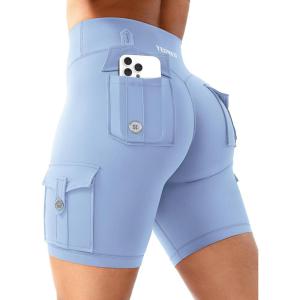 imageYEOREO CoreFlex Women Workout Biker Shorts with Cargo Pockets Hidden Scrunch High Waisted 8quot Inseam Gym ShortsLight Blue