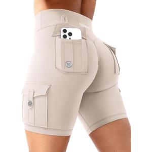imageYEOREO CoreFlex Women Workout Biker Shorts with Cargo Pockets Hidden Scrunch High Waisted 8quot Inseam Gym ShortsLight Khaki