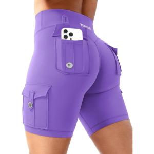 imageYEOREO CoreFlex Women Workout Biker Shorts with Cargo Pockets Hidden Scrunch High Waisted 8quot Inseam Gym ShortsPurple