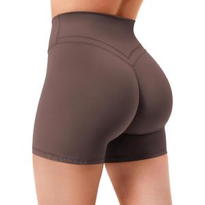 imageYEOREO Gym Workout Shorts for Women High Waisted Tummy Control Hidden Scrunch 45quot Booty Shorts Julissa Cross Waist YogaPlum Brown