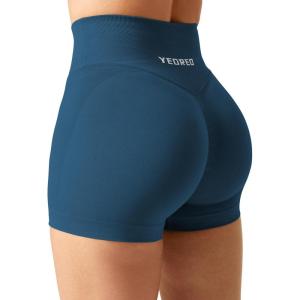 imageYEOREO Scrunch Butt Workout Shorts Women 35quot Seamless V Cross Waist Sport Gym Amplify ShortsPeacock Blue